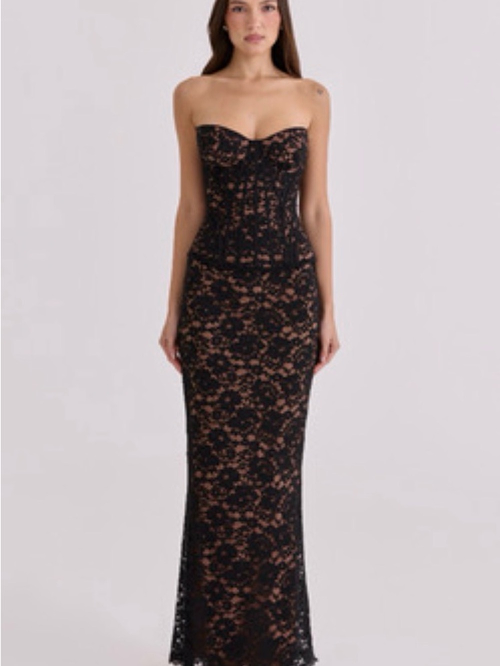 House of cb solaine black blush corset maxi lace dress